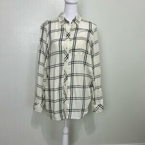Talbots Women’s Petite L Plaid Button Down Shirt Cream Black Long Sleeve